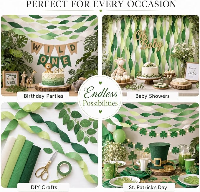 8 Green Streamers with White, 656ft Pack of Crepe Paper Party Decorations | - Image 5