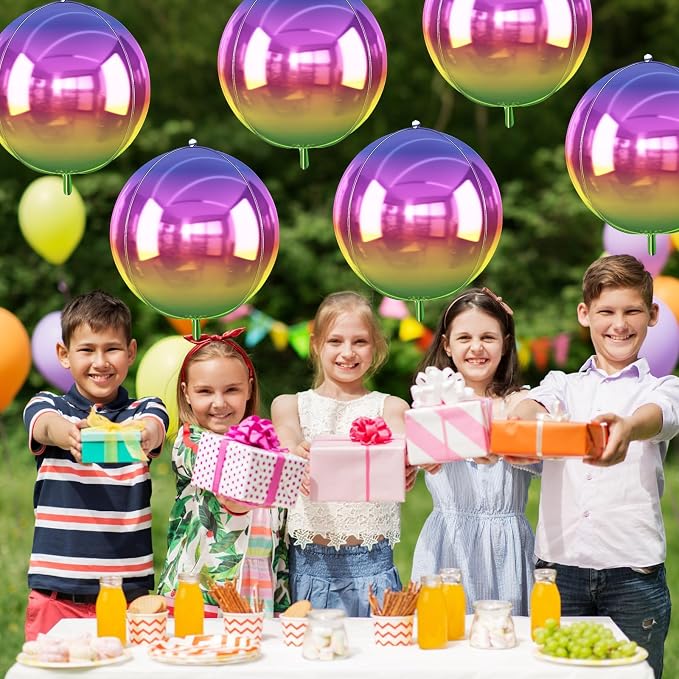 6Pcs Gradient Rainbow Round Foil Balloons, Metallic Multicolor Iridescent Mylar - Image 7