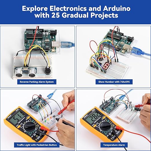 SunFounder Beginner's Lab Starter Kit with Original Arduino Uno R3 REV3 Board Multimeter Basic to Advance 25 Projects HCSR-04 Sensor Button Temp LED Microcontroller Programming