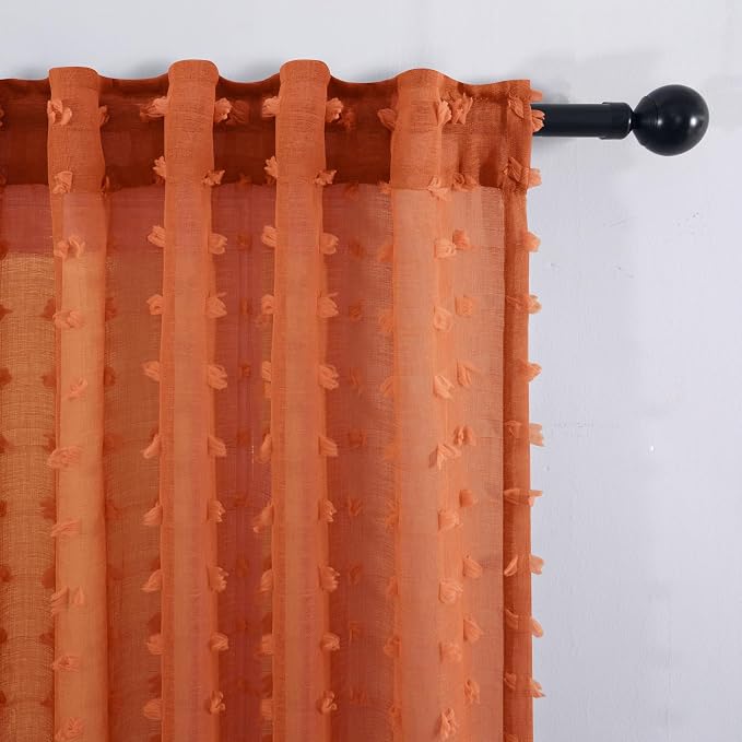 KOUFALL Rust Back Tab Rod Pocket Pom Pom Sheer Curtains 52x45 Inches Long - Image 6
