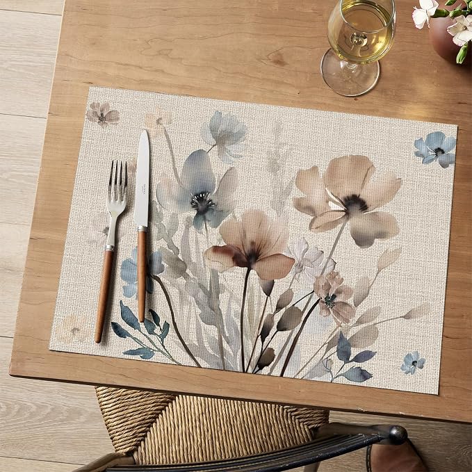 Artoid Mode Brown Poppy Floral Vinyl Spring Placemats Set of 6, Wipeable - Image 2