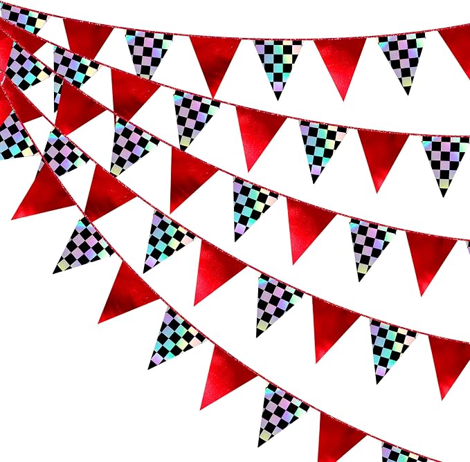 Racing Party Decorations Iridescent Checkered Red Pennant Banner Flag Hanging by pinkblume