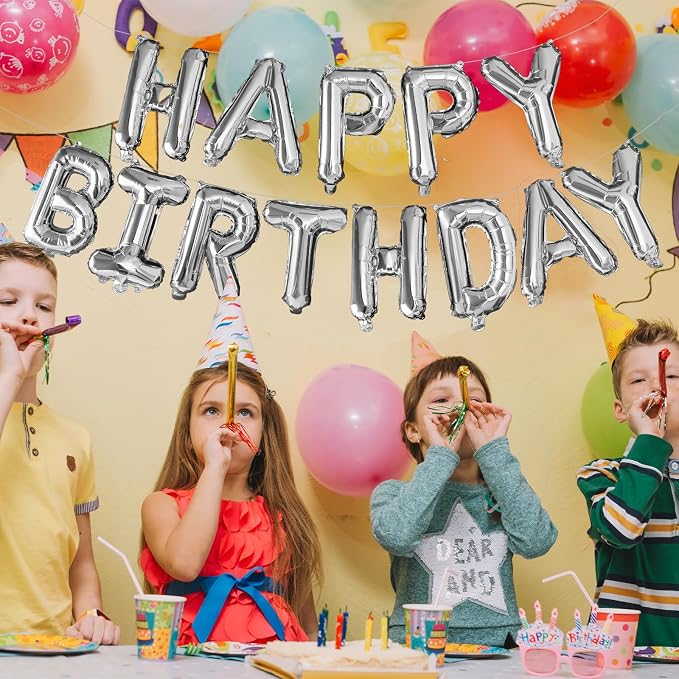 Happy Birthday Balloons Banner Mylar Foil Letter Sign Silver | 16 Inch Reusable - Image 2