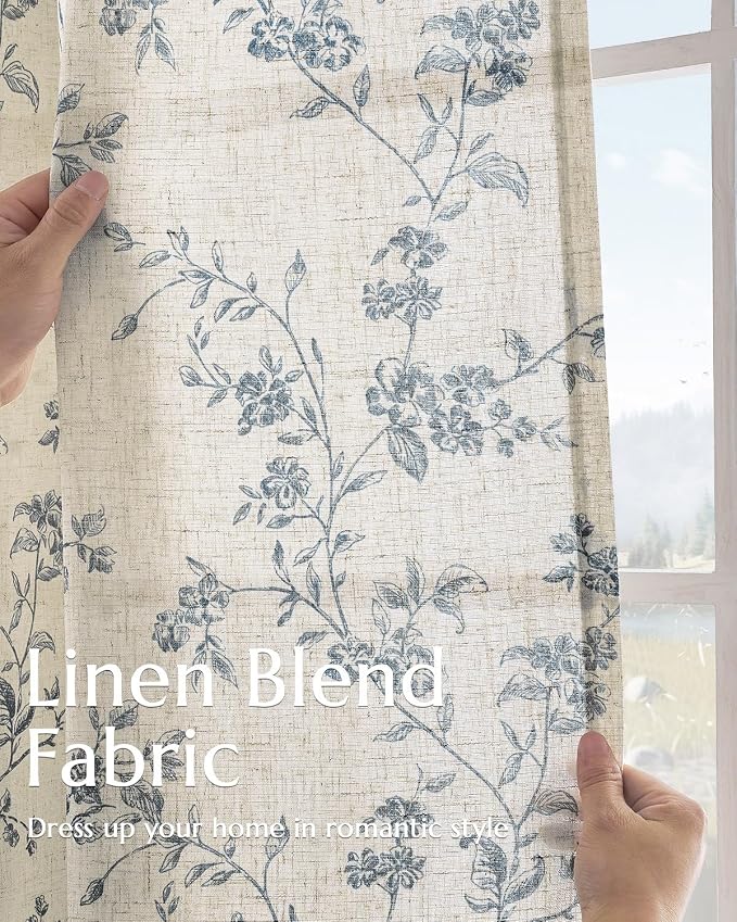 jinchan Blue Floral Linen Curtains 84 Inch French Country Back Tab 2 Panels | - Image 4