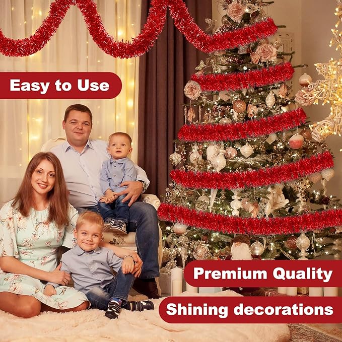 50 Feet Red Christmas Tinsel Garland, Metallic Foil Twist Banner Wall Hanging Tinsel Streamers Backdrop for Parade Floats, Christmas, Mother's Day, Birthday Party Decorations(2in x 50ft)