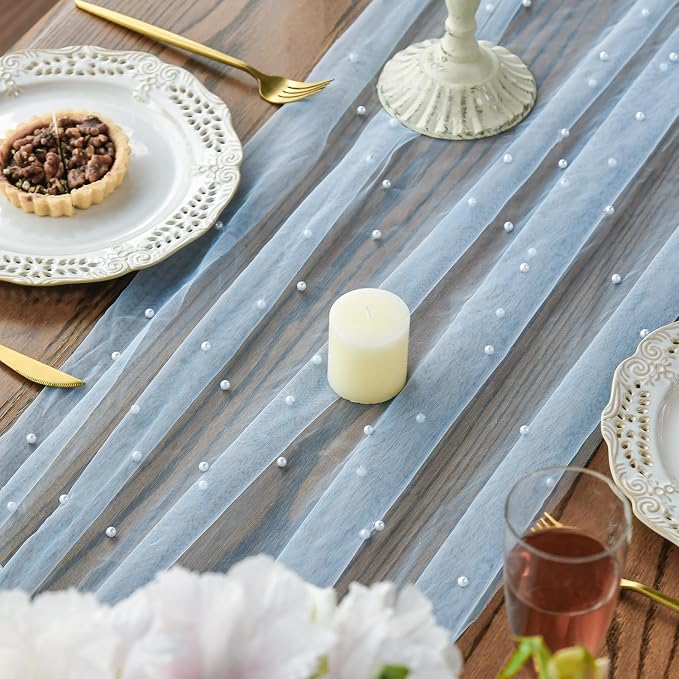 Artoid Mode 3PCS Pearl Blue Gauze Table Runner 120 Inch 10FT, Seasonal Sheer - Image 4