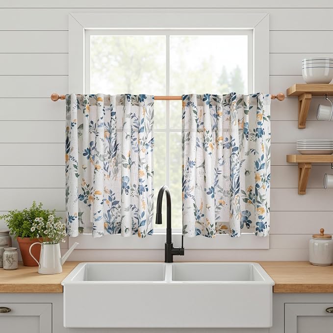 MYSKY HOME Linen Floral Kitchen Curtains 45 inch Length 2 Panels Set Over Sink - Image 2