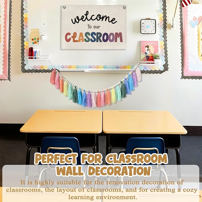 Boho Classroom Decor Tassel Garland, Pastel Rainbow Wall Decor - Image 2