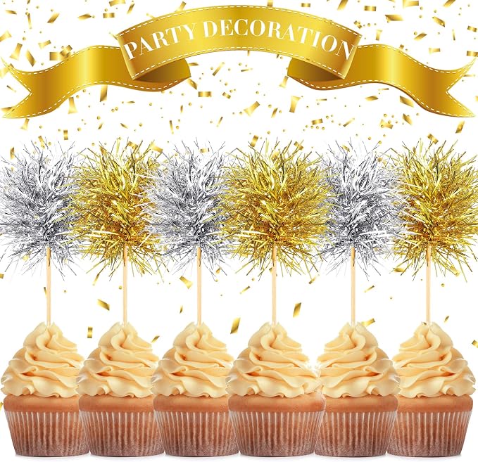 Chinco 100 Pcs Foil Firework Cupcake Toppers Gold and Silver Sparkle Tinsel - Image 3