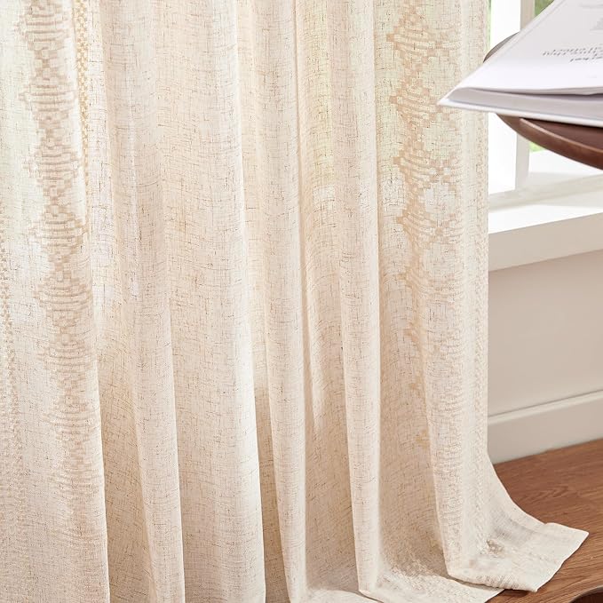jinchan Floral Linen Curtains Embroidered Back Tab 50x63in 2 Panels Ivory | - Image 7