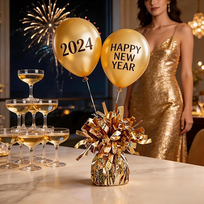 Glitter Champagne Gold Balloon Weights, 6 Pack | Glitter champagne gold PET - Image 2