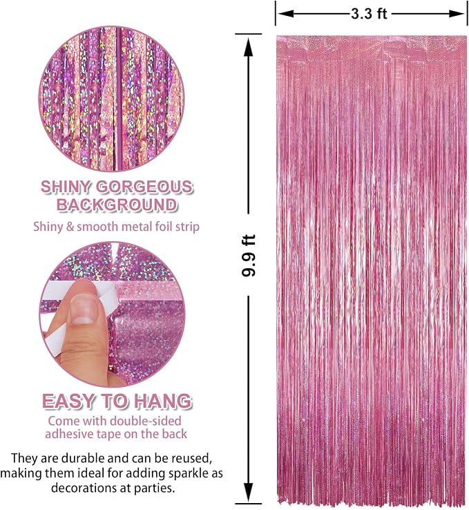5 Pack 3.3 x 9.9 ft Holographic Bright Pink Streamers Party Decorations | Foil - Image 2