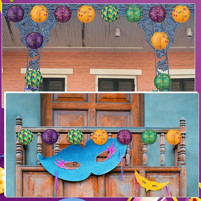 Panelee 12 Pcs Mardi Gras Party Decorations Paper Lanterns Carnival Yellow - Image 5