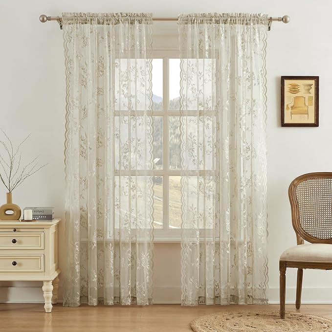 Khaki Lace Curtains 84 Inches Long 2 Panels Vintage Floral Sheer Curtains - Image 2