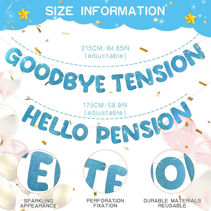 Retirement Banner Pre-Strung GOODBYE TENSION HELLO PENSION Banner Glitter - Image 2