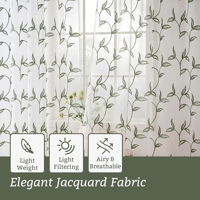 Sheer Curtains Boho Leaf Floral Embroidered Green 54Wx90L | Light Filtering - Image 6