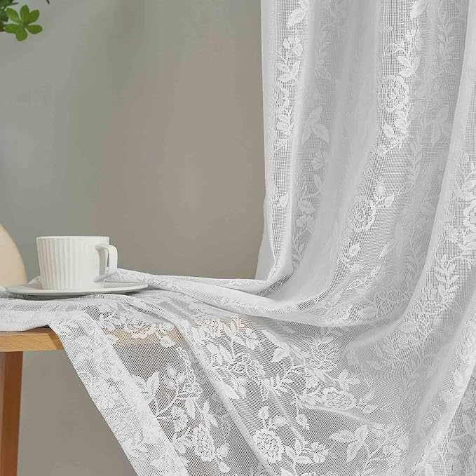 FINECITY White Lace Curtains Rustic Leaf Floral 42 x 84 Inch, 2 Panels | Rod - Image 7