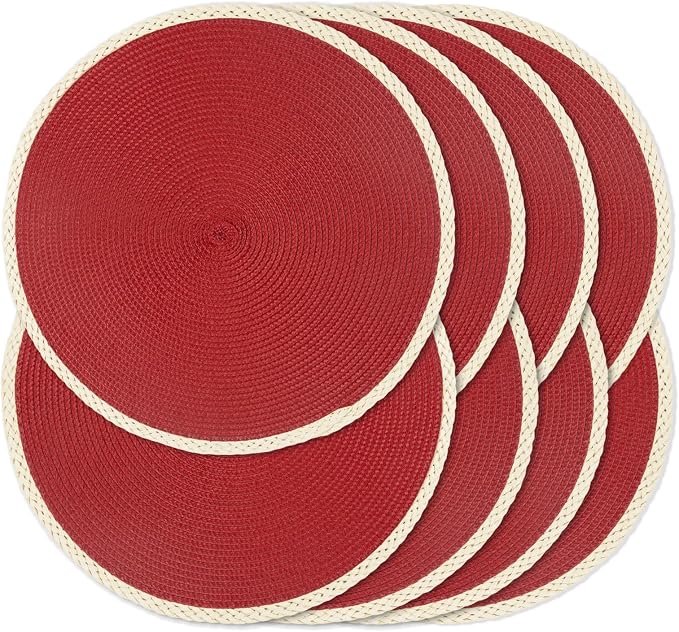 Round Placemats Set of 8, Woven Table Mats, Thin Edge, New Red | Braided Paper by Noctiflorous
