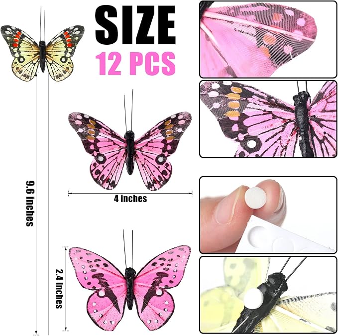 Ysleen 12 Set Monarch Butterfly Decoration Artificial Butterflies Feather Picks - Image 2