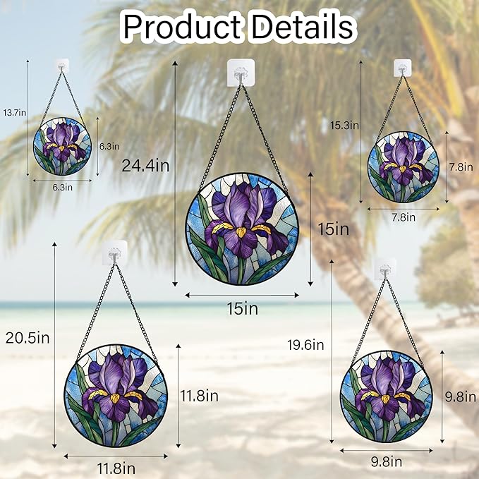 Stained Glass Window Hanging - Iris Birth Flower Suncatcher for Doors Garden Yard Purple Blue Sun Catchers Decor Christmas Mother's Day Birthday Gifts for Teacher Women Mom Nana 9.8 in