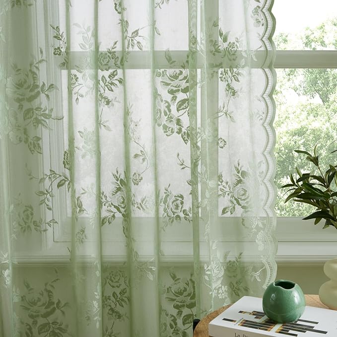 Sage Green Lace Cafe Curtains 24 Inch Length 2 Panels set Country Floral Sheer - Image 4