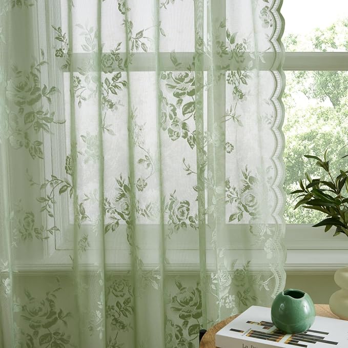 Sage Green Lace Curtains 84 Inches Long Country Rustic Floral Sheer Curtains - Image 7