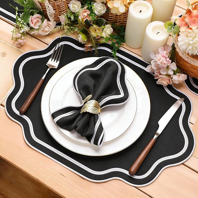 6 Pcs Black Wedding Placemats Scalloped Embroidered Cotton Linen Placemats 17" - Image 2