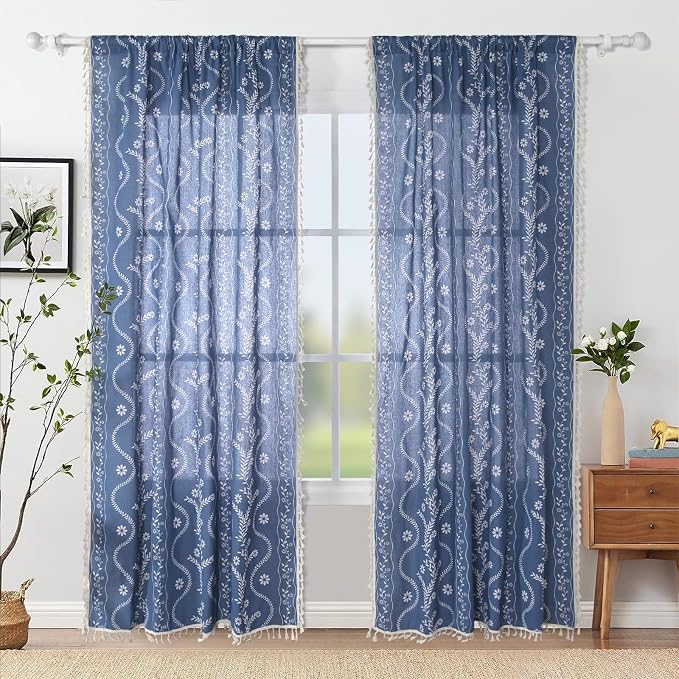Schweek Navy Blue Tassels Curtains 96 Inches Length 2 Panels - Image 2