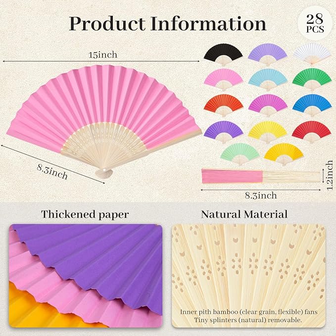 JOHOUSE 28 PCS Color Paper Fans Handheld, 8.3 Inch Foldable Hand Fan | Paper - Image 7