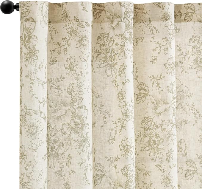 jinchan Green Floral Linen Curtains 54 Inch Vintage Back Tab 2 Panels | Light - Image 8