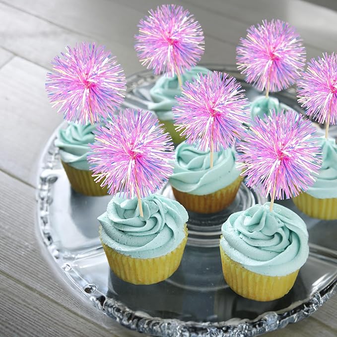 Ephlyn 30Pcs Foil Firework Cupcake Toppers Party Birthday Cake Toppers Supplies Sparkle Tinsel Cocktail Fruit Toothpick for Birthday Wedding Graduation Party Rose Red