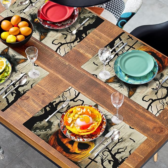 Halloween Black Cat Pumpkin 12x18 Placemats Set of 4 Happy Halloween Bat Branch - Image 7