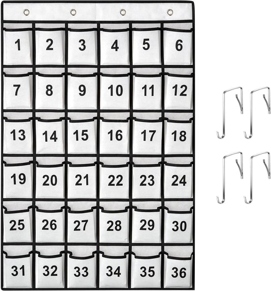 36 Pockets Numbered Classroom Pocket Chart for Cell Phones, Hanging Pocket Chart Storage for Classroom Phone Calculator Holder with 4 Stainless Steel Hooks (White-36pockets)