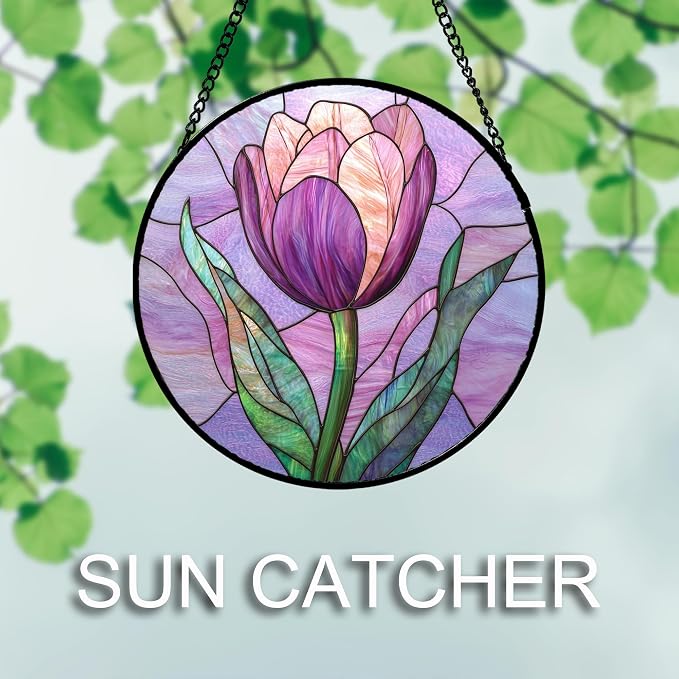 DASTOLL Stained Glass Window Hanging Purple Tulips Flower 9.8" - Image 4