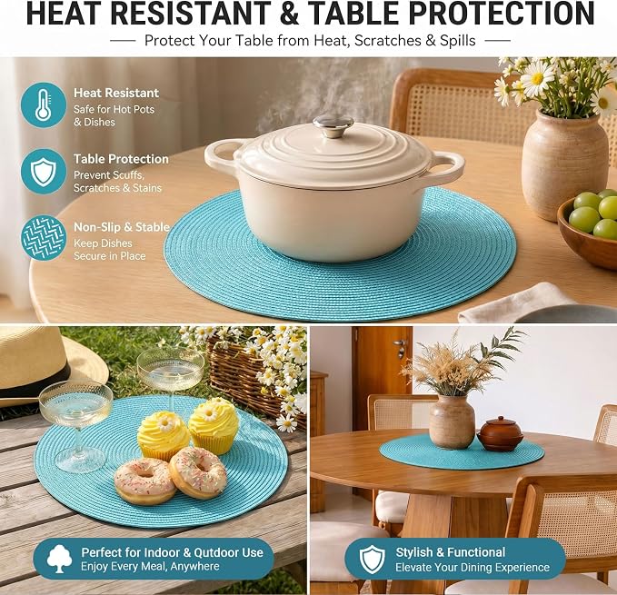 FunWheat Round Braided Placemats Set of 6 Table Mats - Image 7