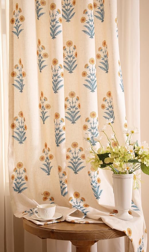 Designer Vintage Linen Printed Curtain, 2 Panels, Pale Yellow Floral Pattern - Image 9