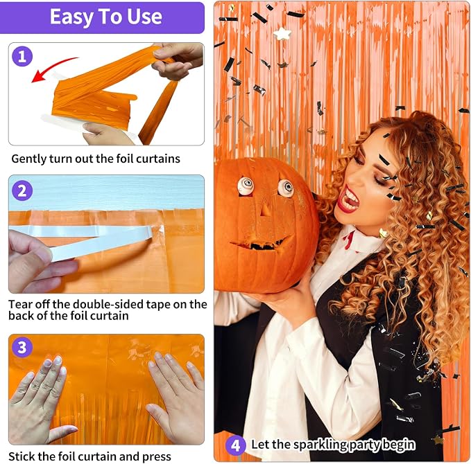 JINSUI Orange Fringe Backdrop 3.3x8.2ft, 2 Pack Foil Tinsel Curtains Decor | - Image 6