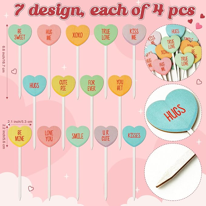 TICIAGA 14PCS Valentine’s Day Decorative Picks Cute Double-Sided Wooden Heart - Image 2