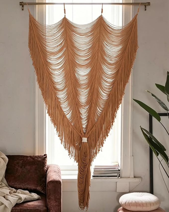 Macrame Curtain Boho Handmade Fiber Art Khaki Window Decor Yarn 59" W*75" L | by FLBER