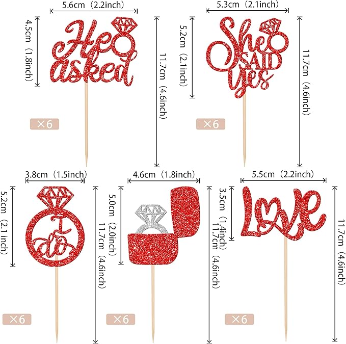 30 PCS He Asked She Said Yes Cupcake Toppers Diamond Ring Cupcake Picks Love I Do Bridal Shower Cupcake Decorations for Wedding Enaggement Theme Party Cake Decorations Supplies Red