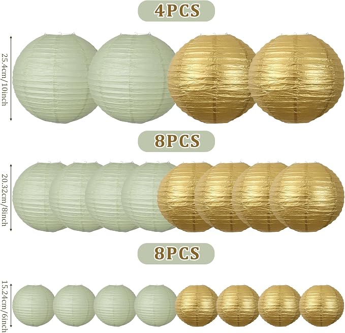 20Pcs Paper Lanterns Decorative, Sage Green and Gold 6"8"10" - Image 3