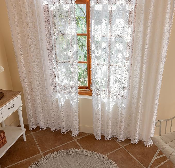 YJ YANJUN Boho Lace Curtains 72 inch, 2 Panels, Crochet Drapes - Image 6
