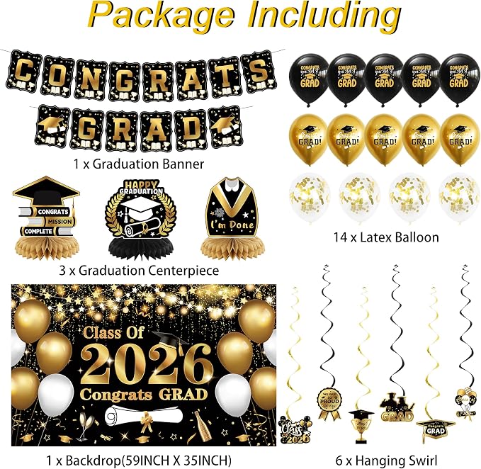 DARUNAXY Black Gold Graduation Party Decorations, 2026 Congrats Grad Honeycomb - Image 2