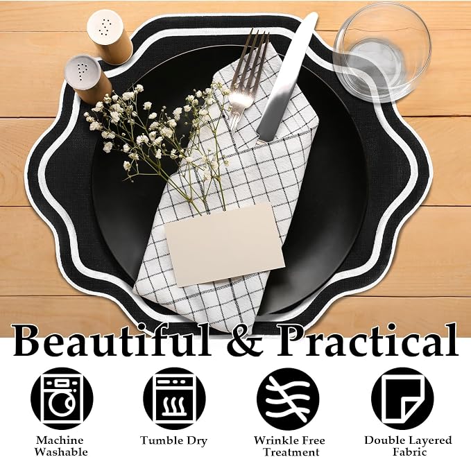 6 Pcs Black Wedding Placemats Scalloped Embroidered Cotton Linen Placemats 17" - Image 6