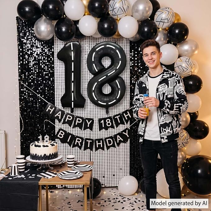 Black and White Stripes Number 18 Balloon 40 Inch, Foil Track Numeral | - Image 6