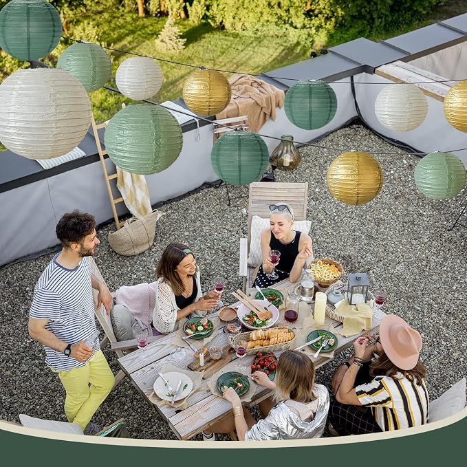 12Pcs Sage Green Gold Paper Lanterns Olive Chinese Hanging Round Paper Lanterns - Image 8