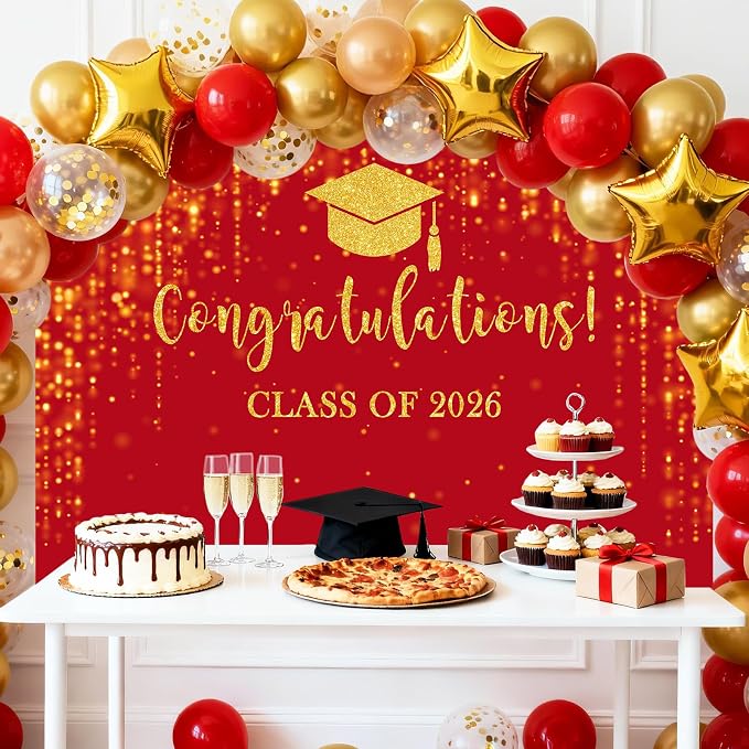 Mocsicka Class of 2026 Backdrop Red Gold Glitter Bokeh Graduation Party - Image 2