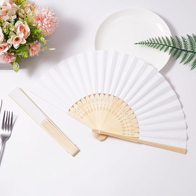 Sepwedd 50pcs White Paper Hand Fan Bamboo Folding, Handheld Paper Folded - Image 4