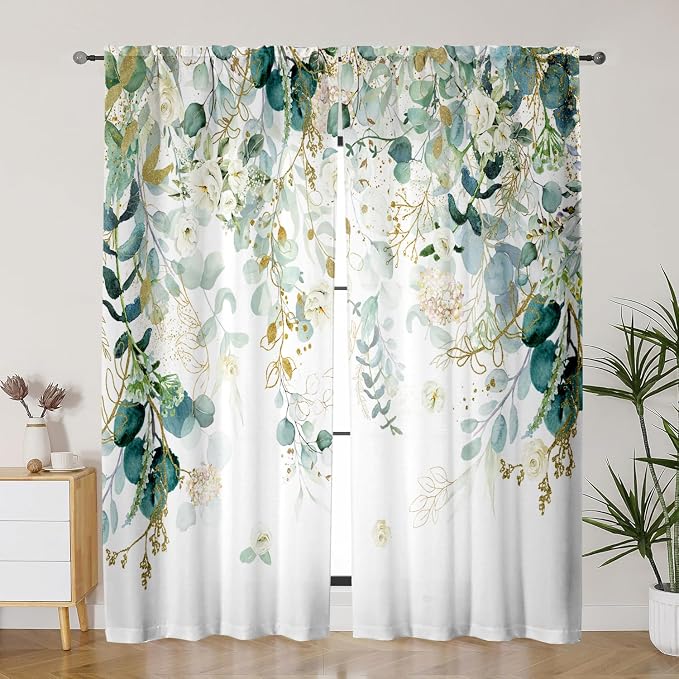 Green Eucalyptus Leaves Curtains 63 Inch Length 2 Panels, Elegant Wild Flower - Image 6