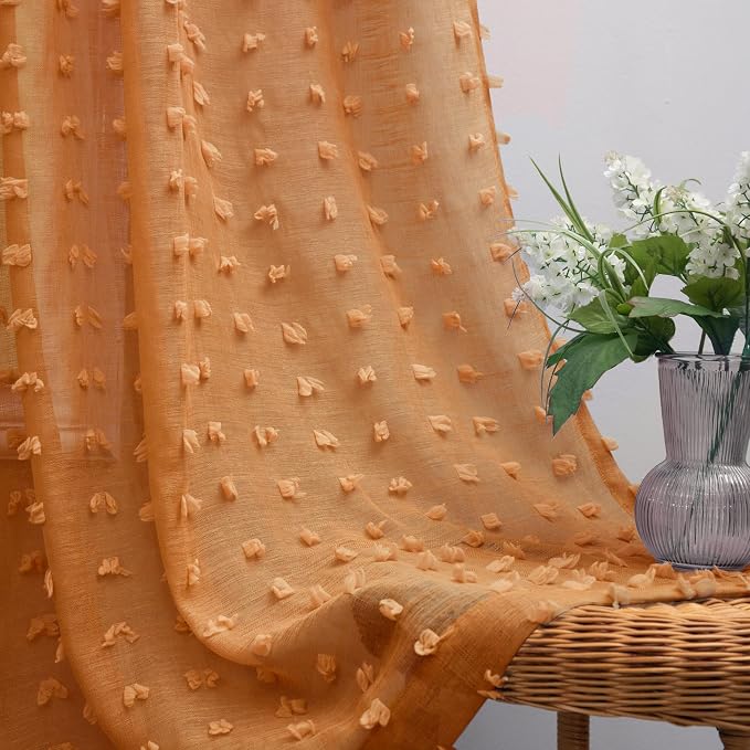 KOUFALL Burnt Orange Back Tab Rod Pocket Pom Pom Sheer Curtains - Image 2